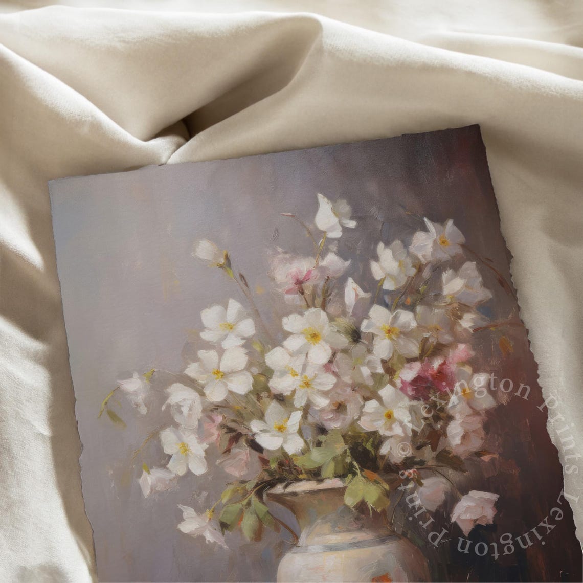 White Blossom Vase Soft Floral Still Life Painting Art Poster - Image 7
