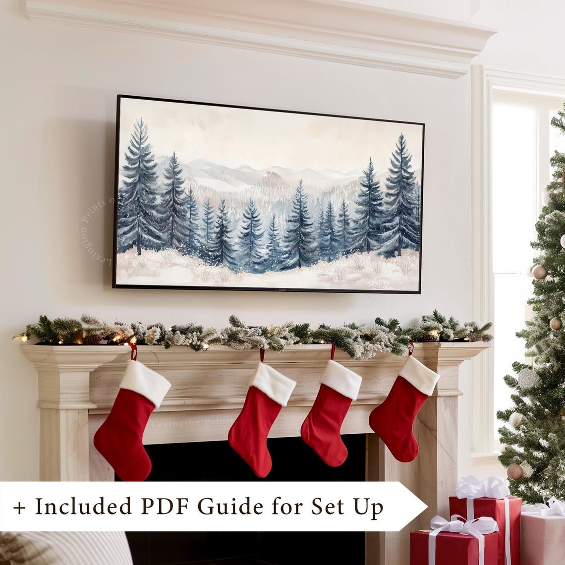 Snowy Pine Forest Under Misty Mountains Watercolor Winter Scene Poster - Image 8