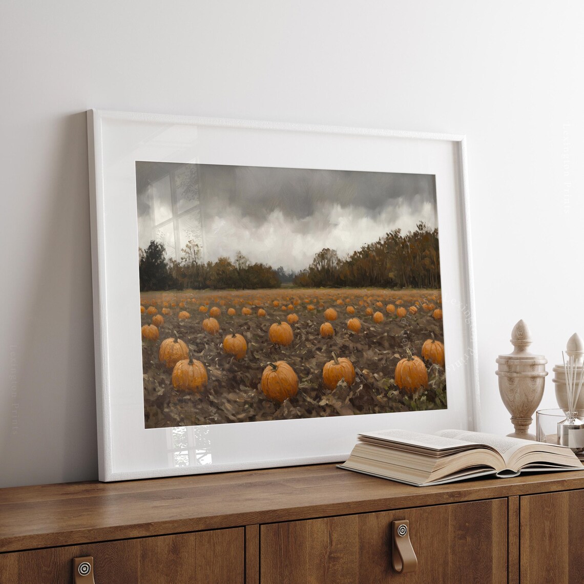 Pumpkin Field Under Stormy Autumn Sky Oil Painting Harvest Poster - Image 3