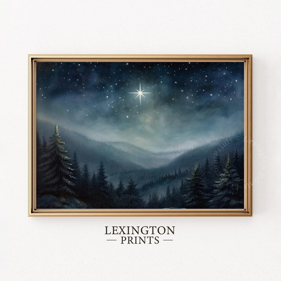Starry Night Sky With Bright Star Over Forest Mountains Art Print