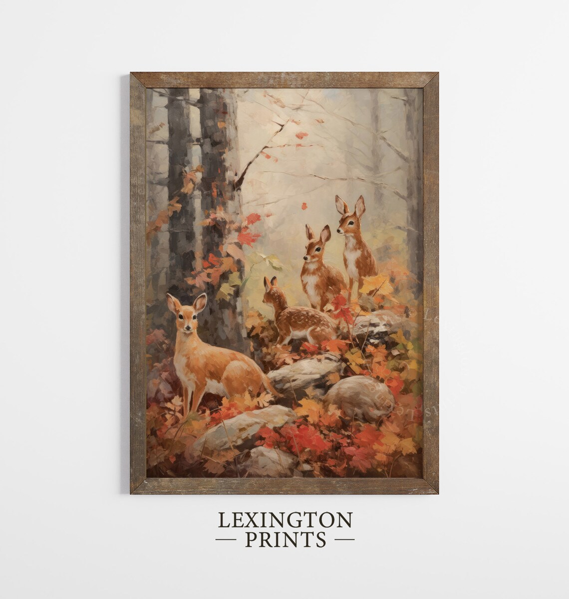 Fawn Family Among Red Autumn Leaves Misty Forest Fall Wildlife Wall Art - Image 8