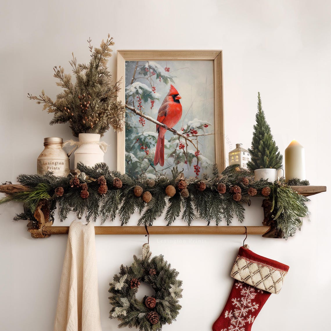Red Cardinal Snowy Branch Winter Bird Oil Painting Style Poster