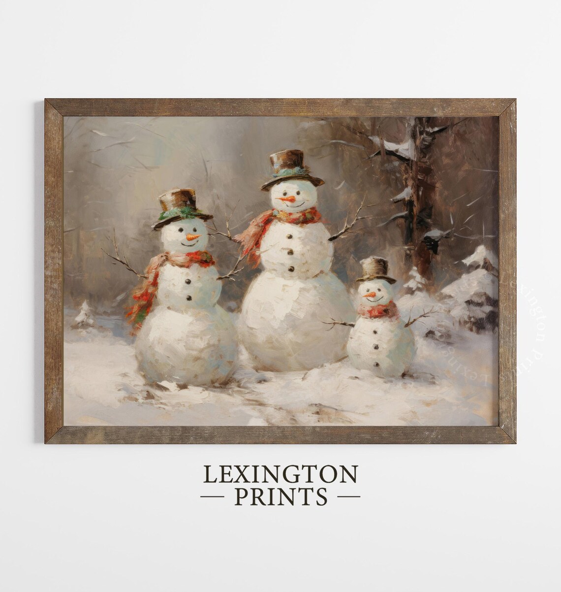 Snowman Family Trio Vintage Christmas Winter Oil Painting Poster - Image 4