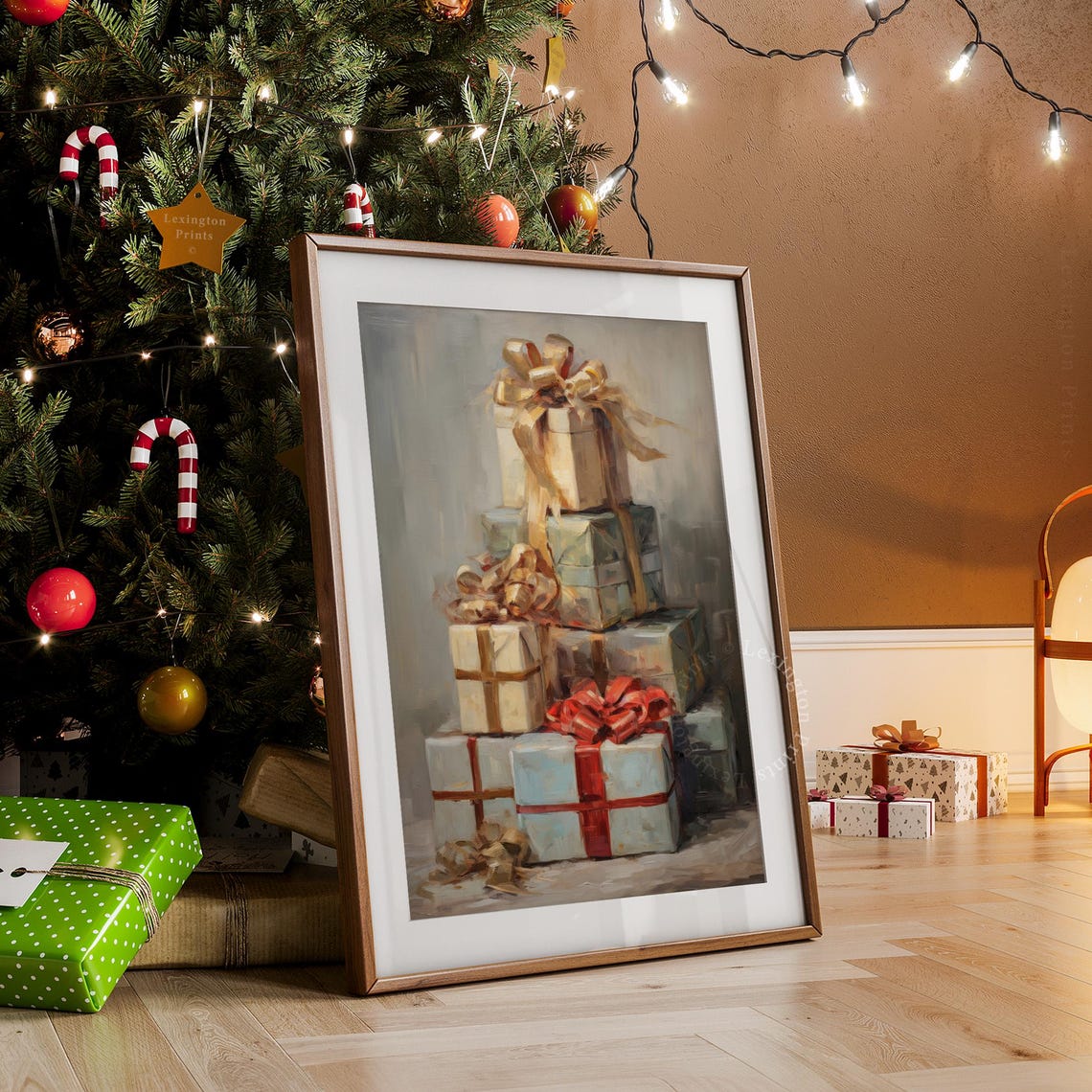 Stack of Elegant Wrapped Gifts Gold Red Ribbons Neutral Holiday Poster - Image 7