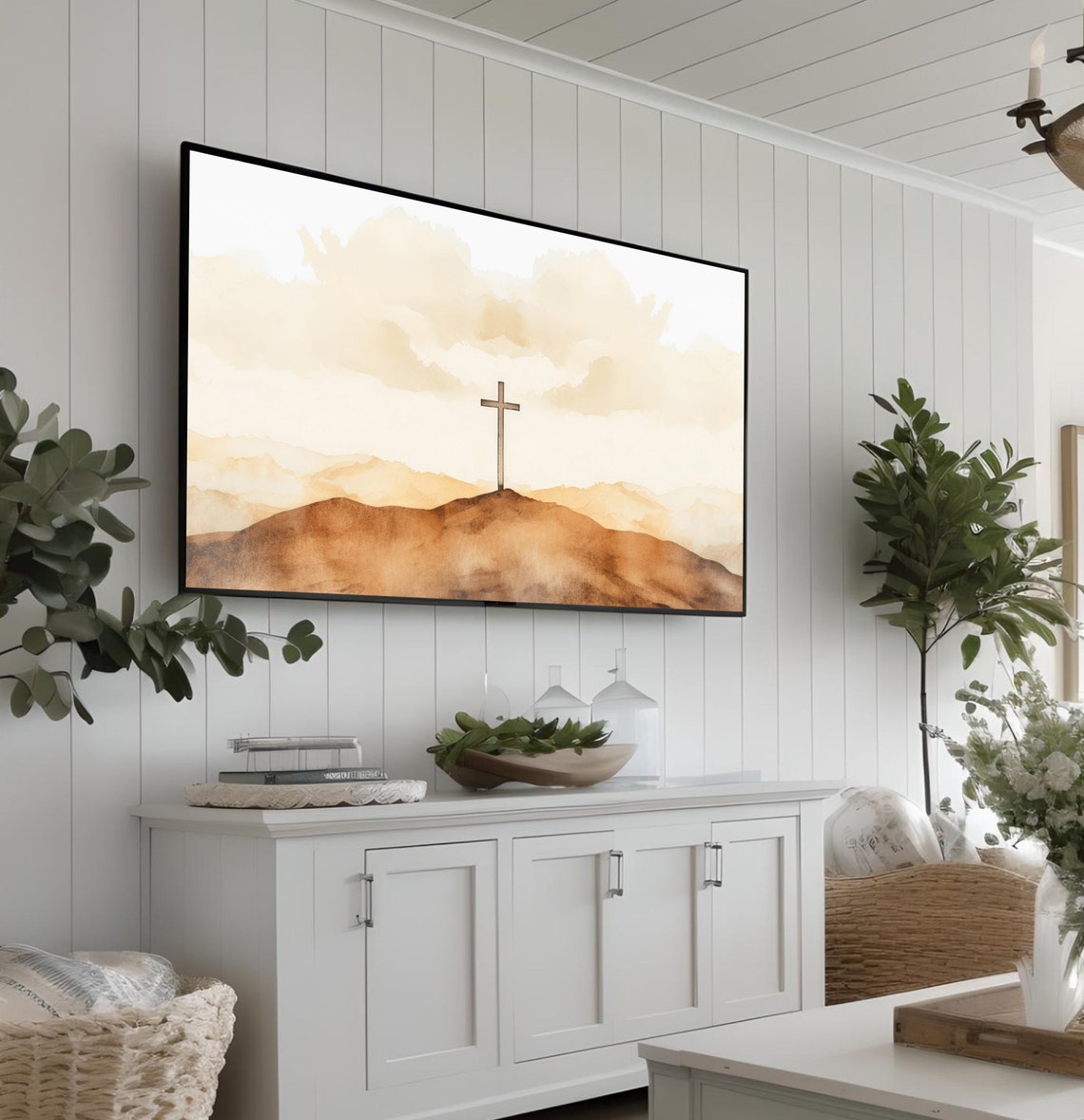 Wooden Cross on Hilltop with Clouds Watercolor Christian Wall Art - Image 3