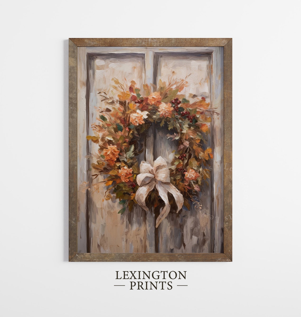 Fall Wreath with Bow on a Rustic Door Autumn Painting Poster - Image 4