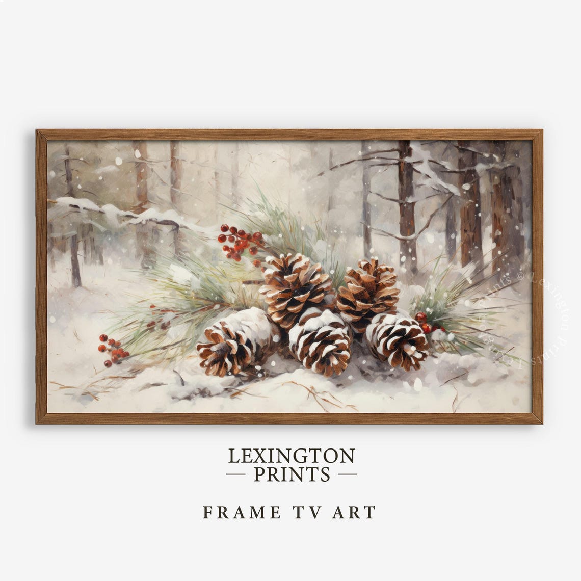Snow Covered Pinecones and Red Berries Winter Forest Scene Poster - Image 4