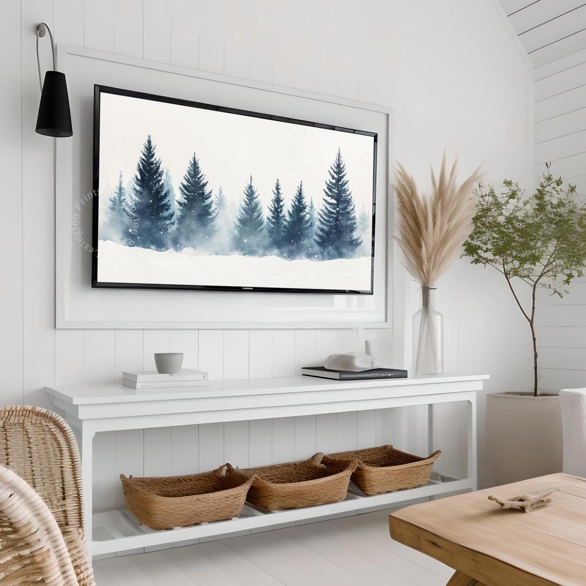 Misty Blue Pine Forest in Snow Minimalist Winter Frame TV Art Print - Image 3