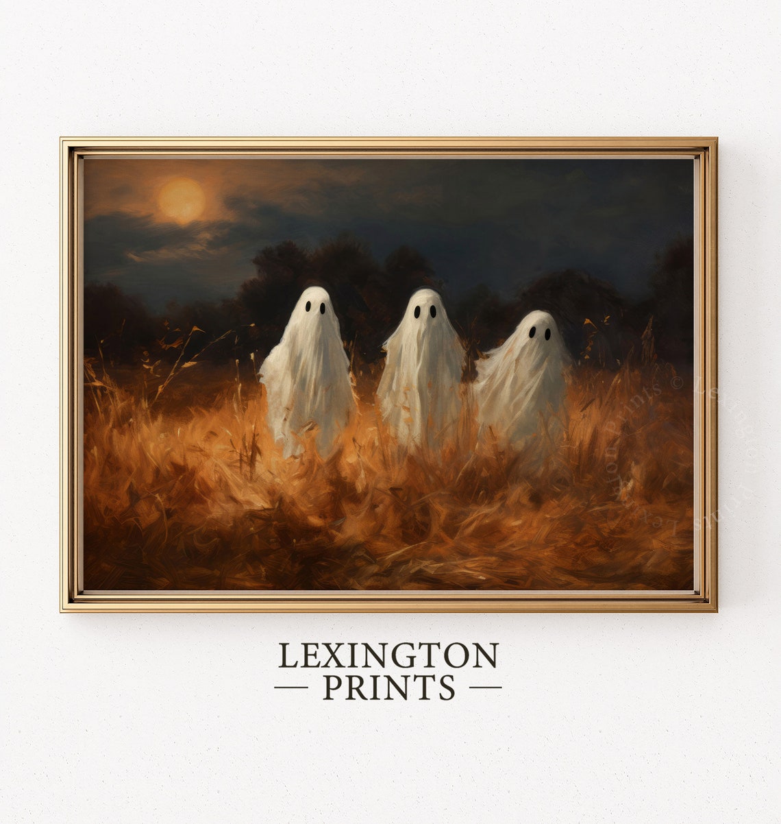 Three Ghosts in Golden Field Under Full Moon Halloween Night Poster - Image 4