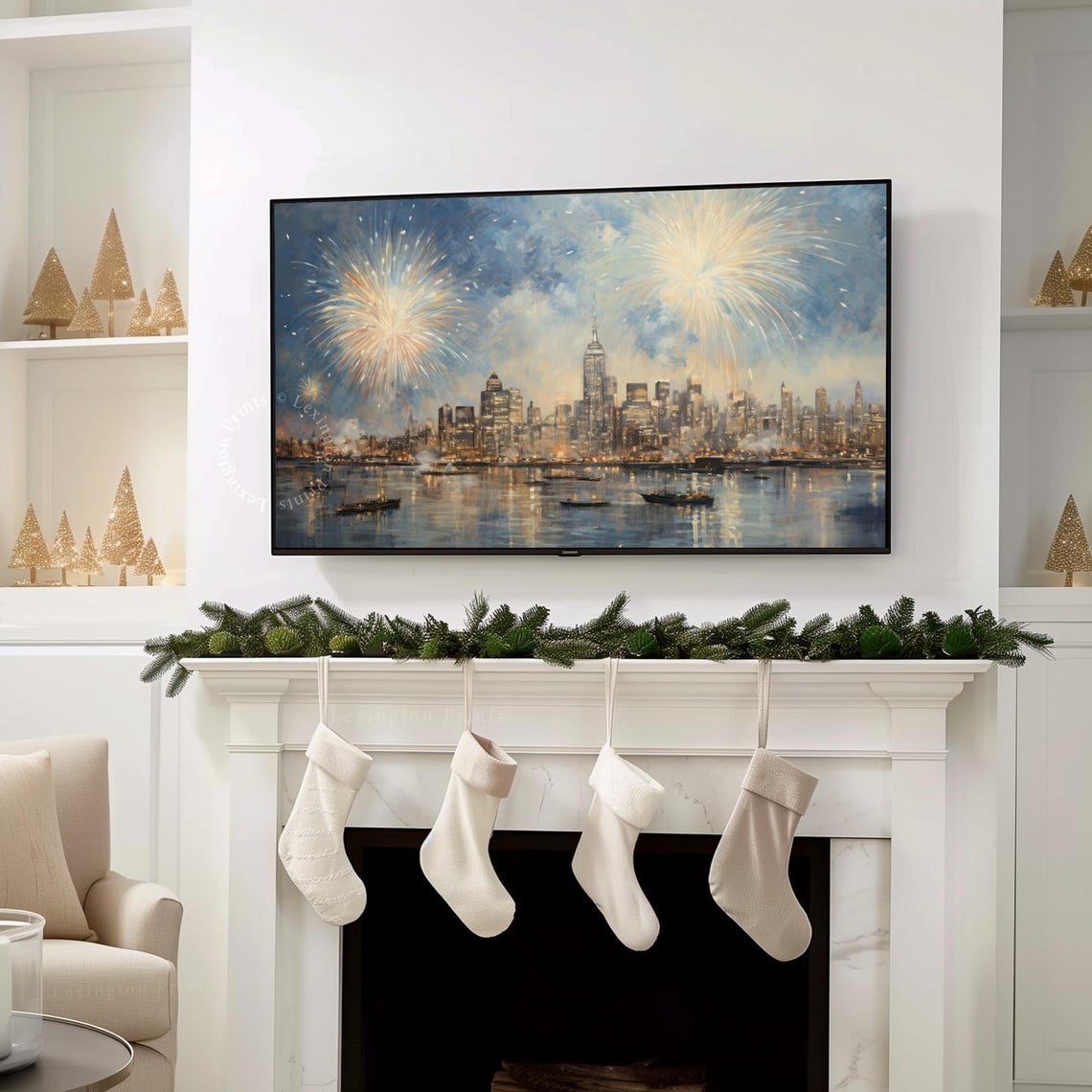 New York Skyline Fireworks Harbor Night Celebration Painting Poster - Image 8