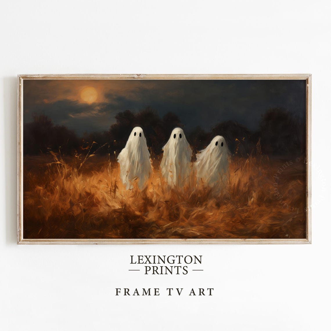 Three Cute Ghosts in Moonlit Golden Wheat Field Halloween Poster - Image 5