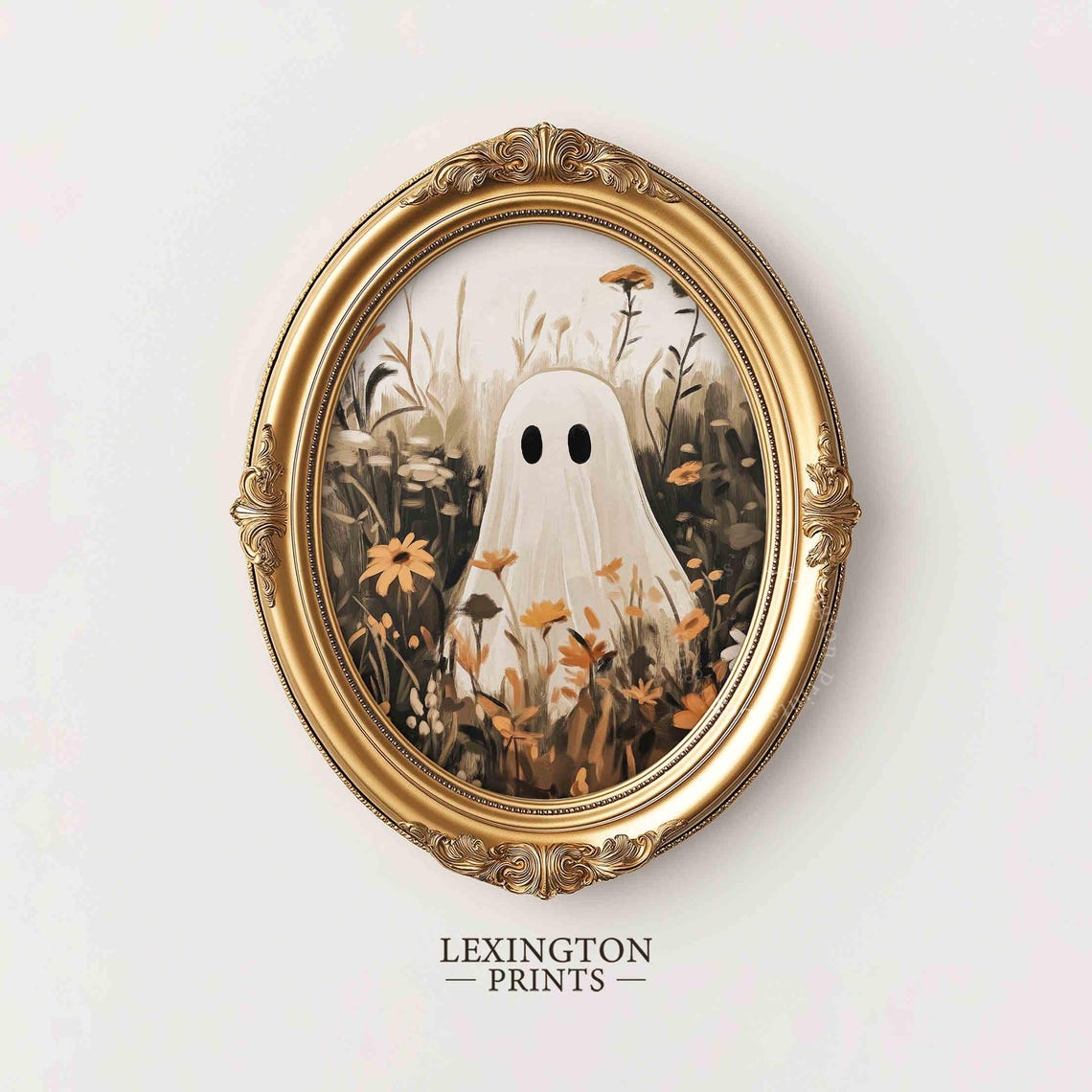 Cute Ghost Hiding in Autumn Wildflower Field Playful Halloween Poster - Image 6