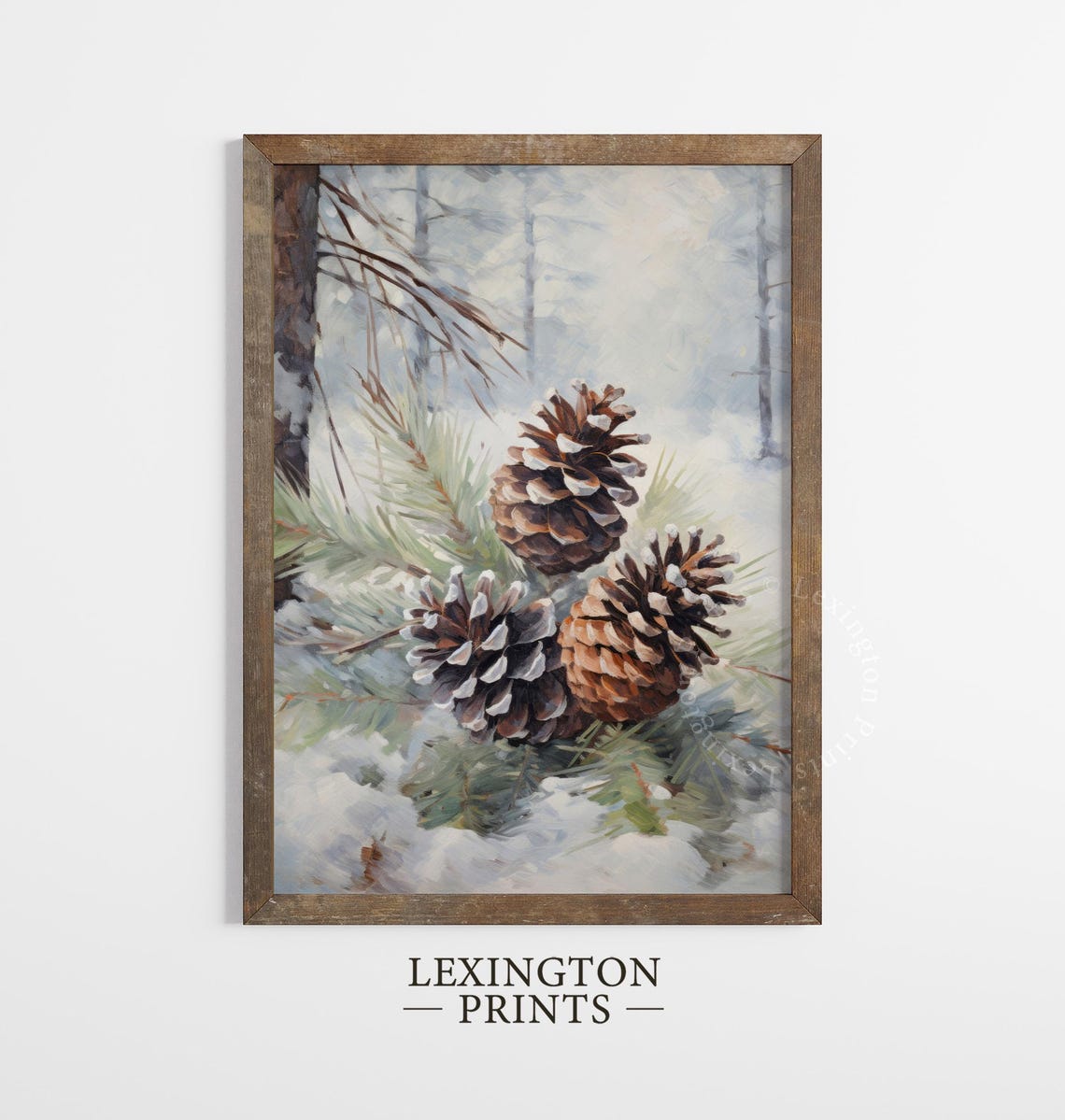 Snow Tipped Pinecones on Frosted Branch Winter Painting Poster - Image 4