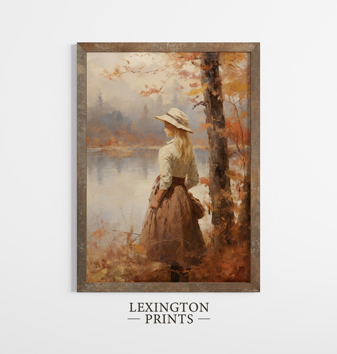 Woman in a Hat by an Autumn Lake Vintage Fall Painting Poster - Image 5