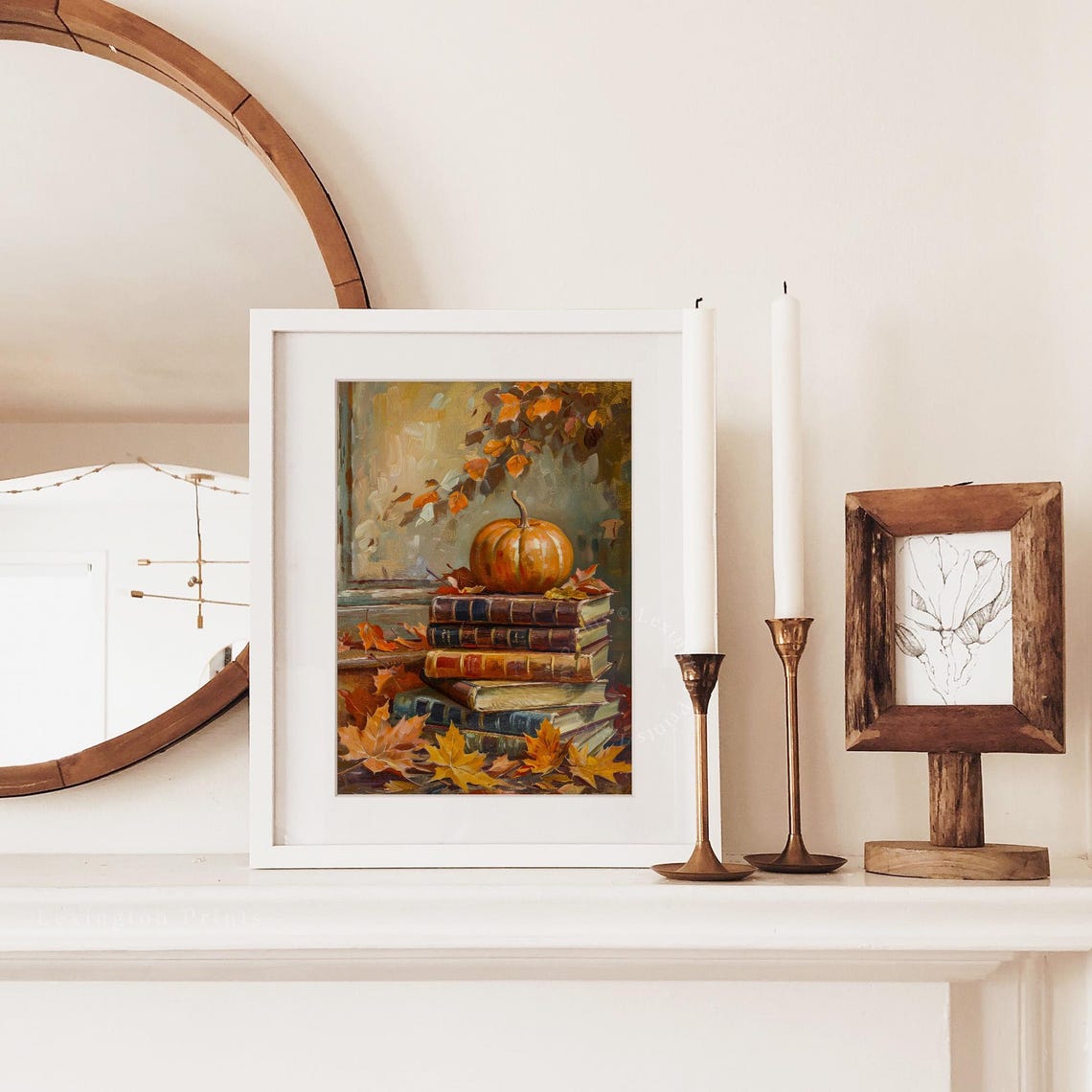 Pumpkin on a Stack of Vintage Books Cozy Fall Still Life Poster - Image 5