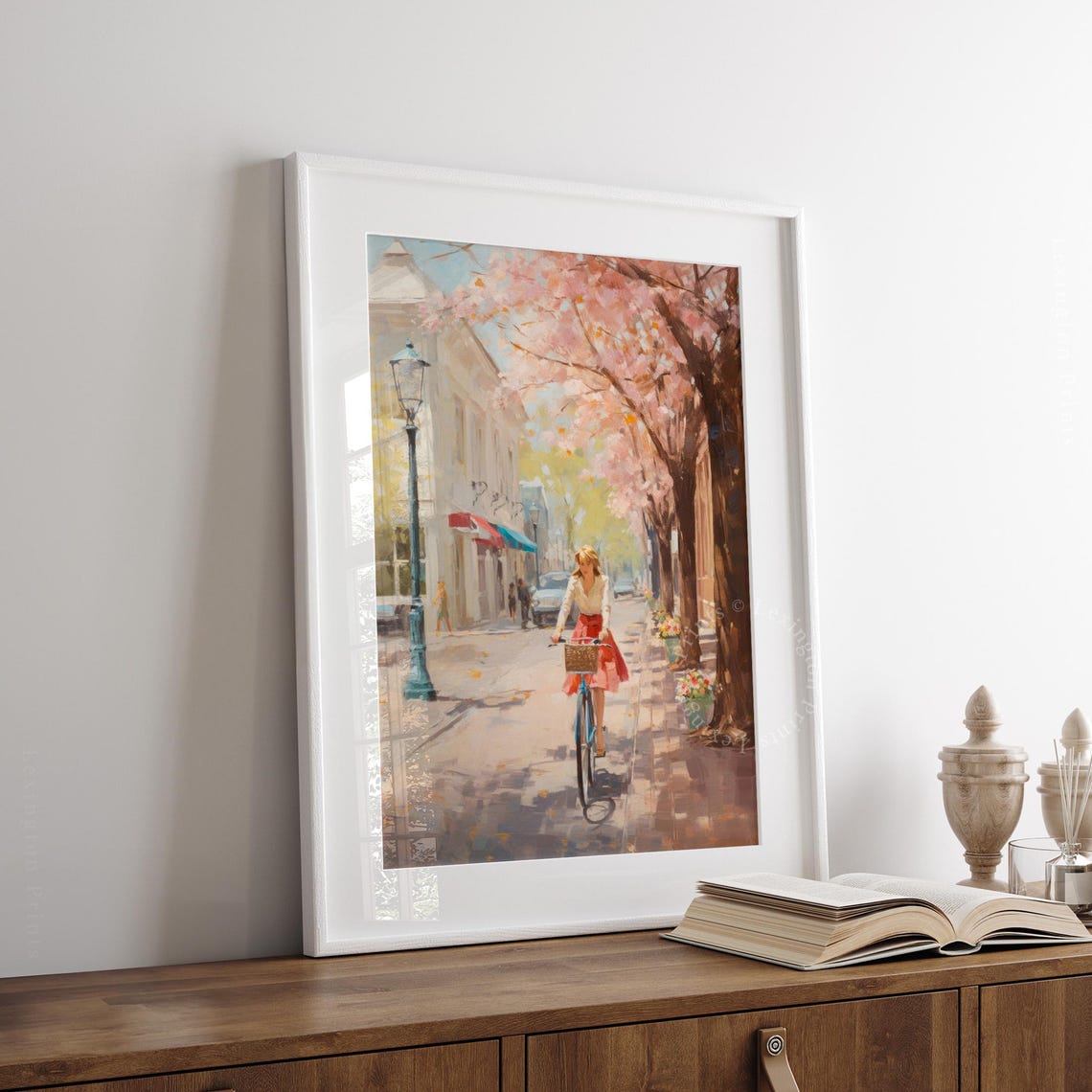 Woman Riding Bike Down Cherry Blossom Street Spring Town Wall Art - Image 4