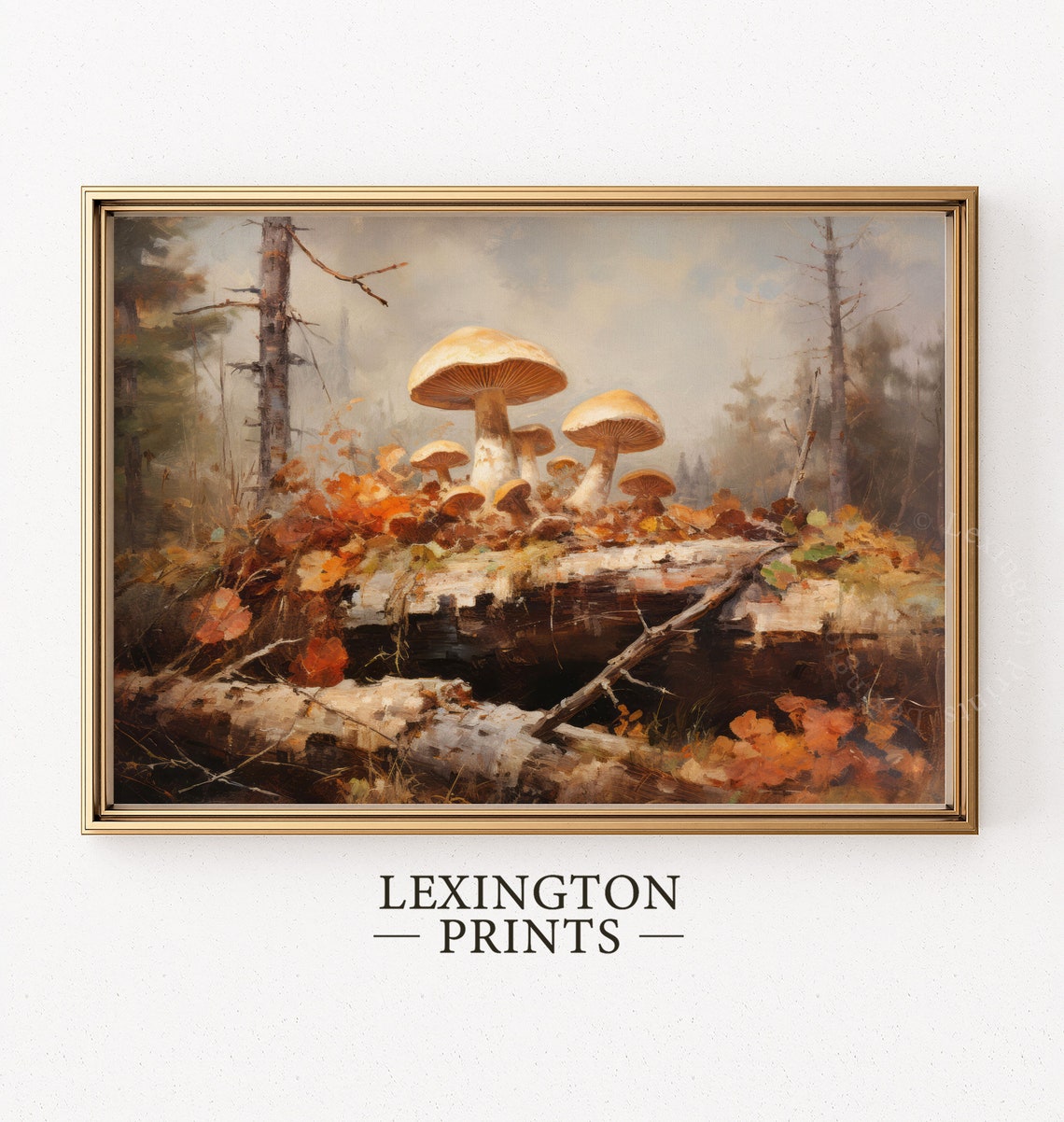 Wild Mushrooms on Fallen Log Misty Forest Oil Painting Nature Poster - Image 3