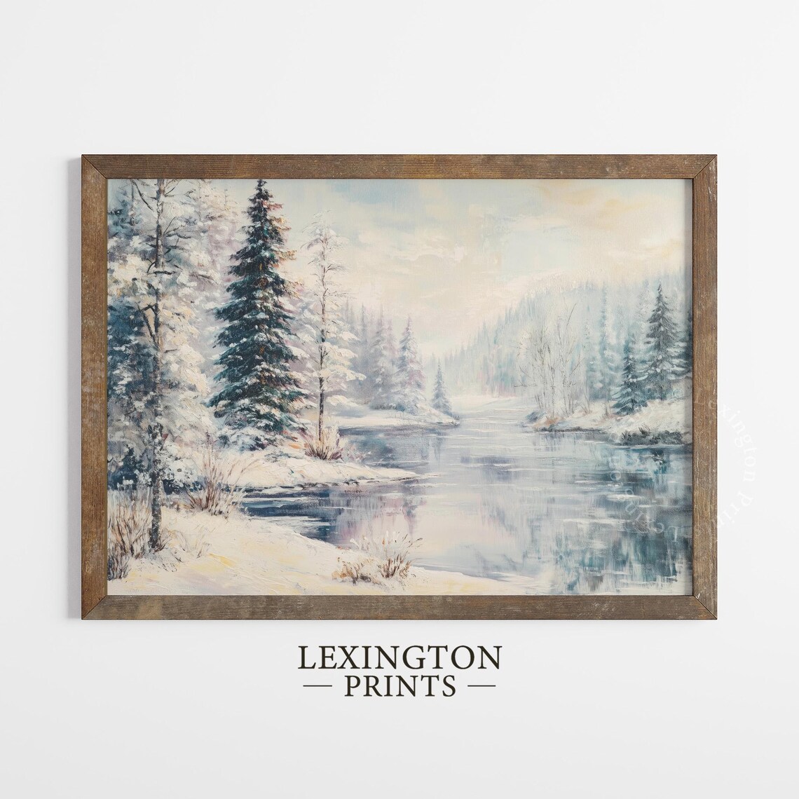 Frozen Lake Evergreen Forest Snowy Winter Landscape Painting Poster - Image 4
