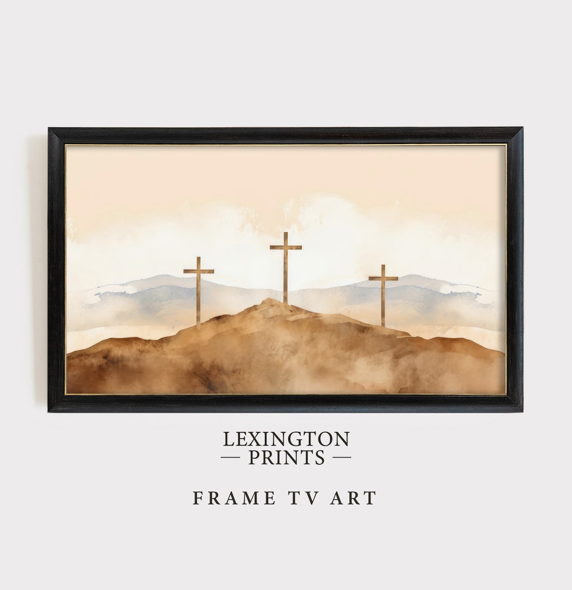 Three Wooden Crosses On Hill Soft Watercolor Sunrise Frame TV Art Poster - Image 4