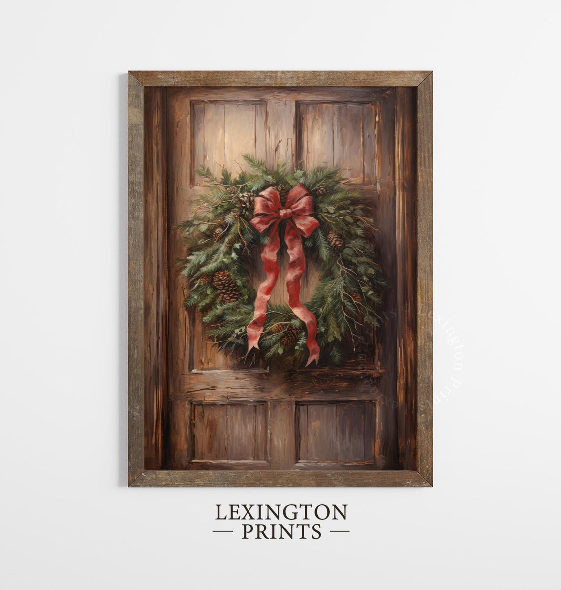 Christmas Wreath with Red Velvet Bow on Rustic Wooden Door Poster - Image 4