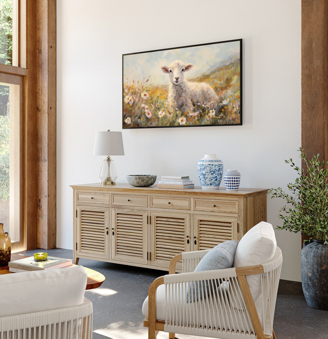 White Lamb in Wildflower Meadow Spring Scene Frame TV Art Poster - Image 2