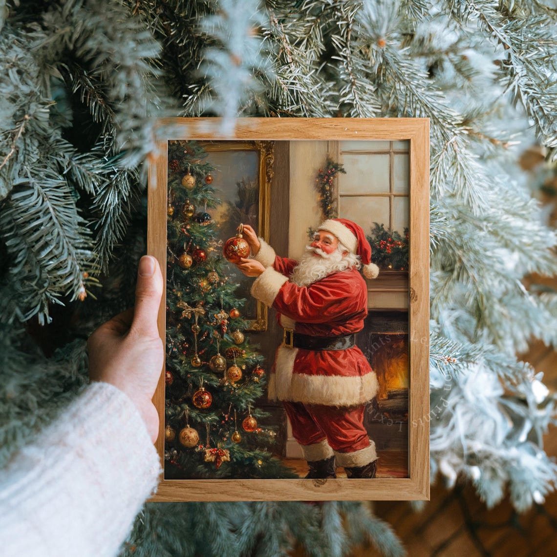 Santa Claus Decorating Christmas Tree Vintage Holiday Scene Poster - Image 7