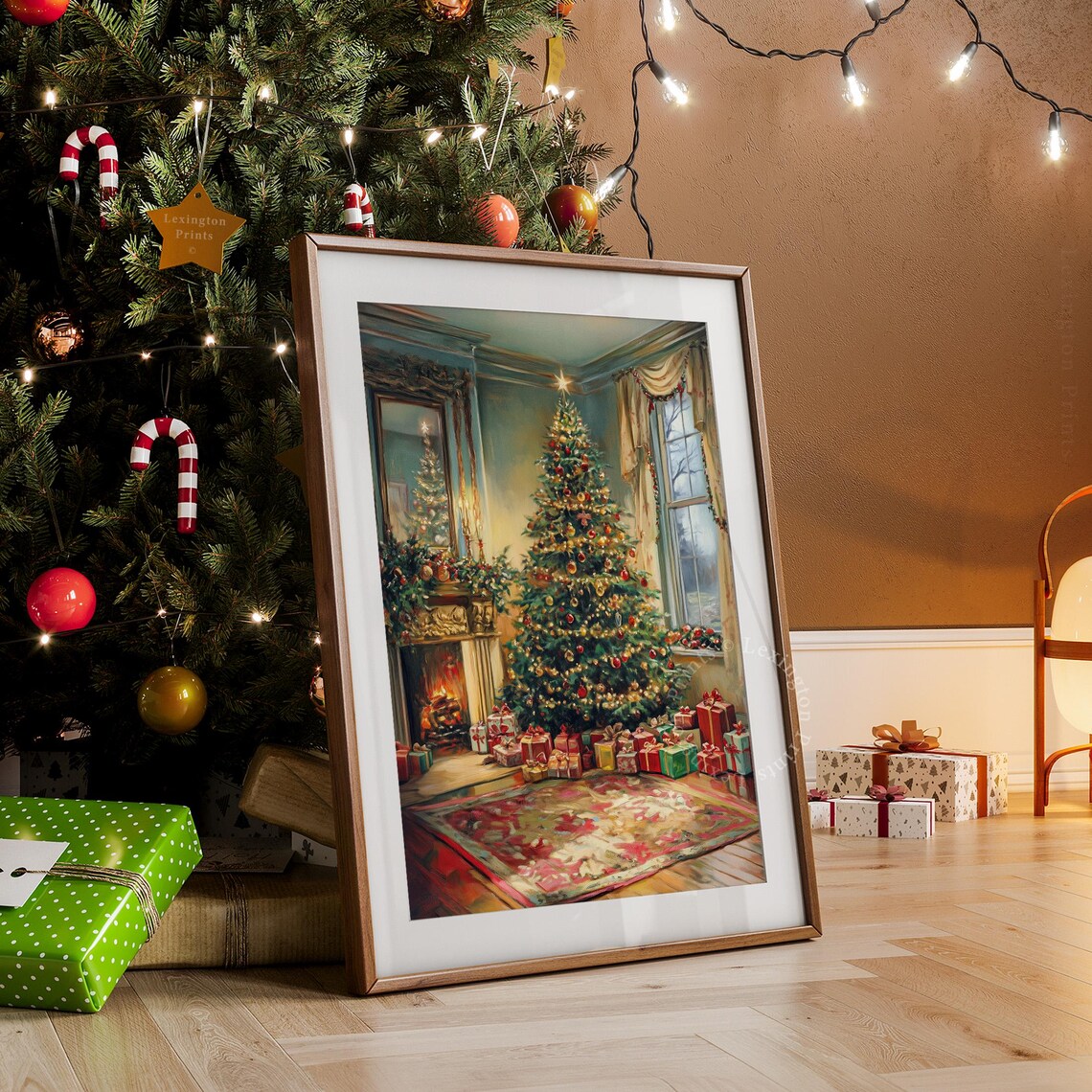 Cozy Living Room with Christmas Tree Fireplace and Gifts Poster - Image 6