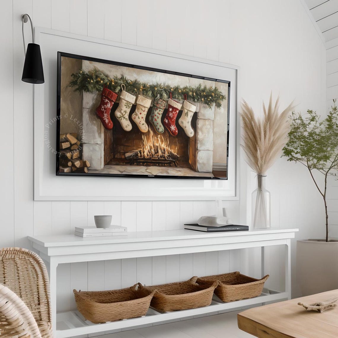 Christmas Stockings on Fireplace Mantel Cozy Holiday Scene Poster - Image 3