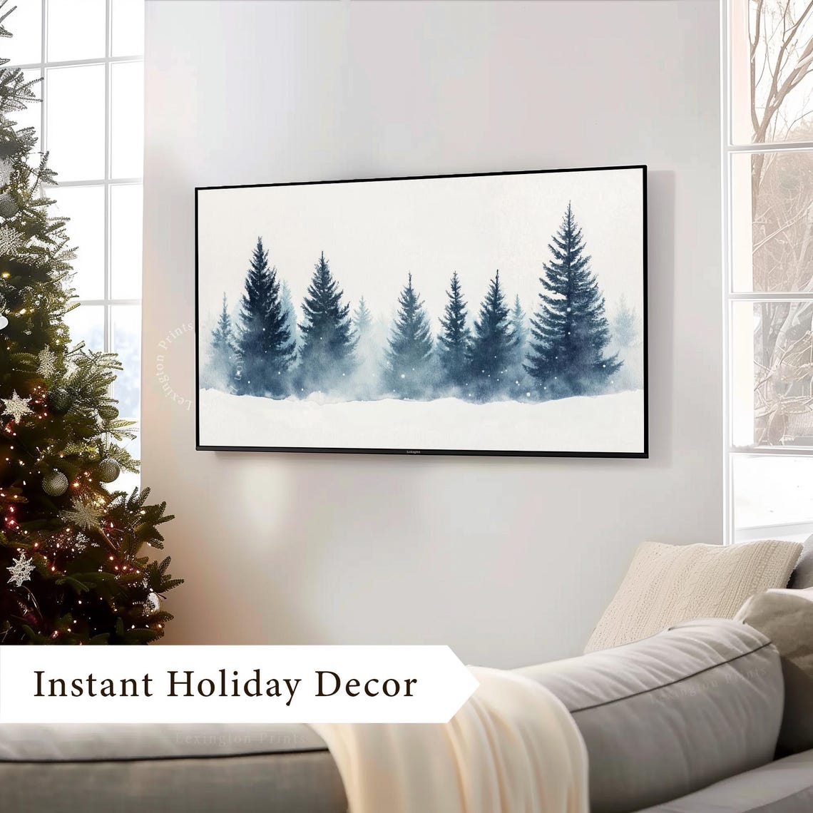 Misty Blue Pine Forest in Snow Minimalist Winter Frame TV Art Print - Image 4