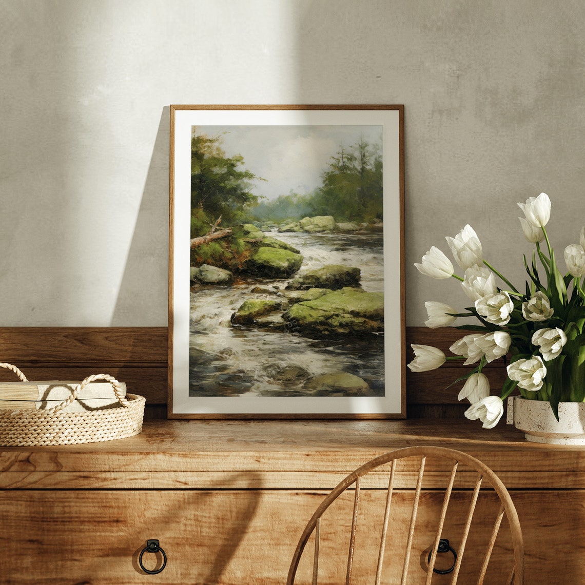 Rustic Forest Stream Mossy Rocks Vintage Oil Painting Landscape Print - Image 2