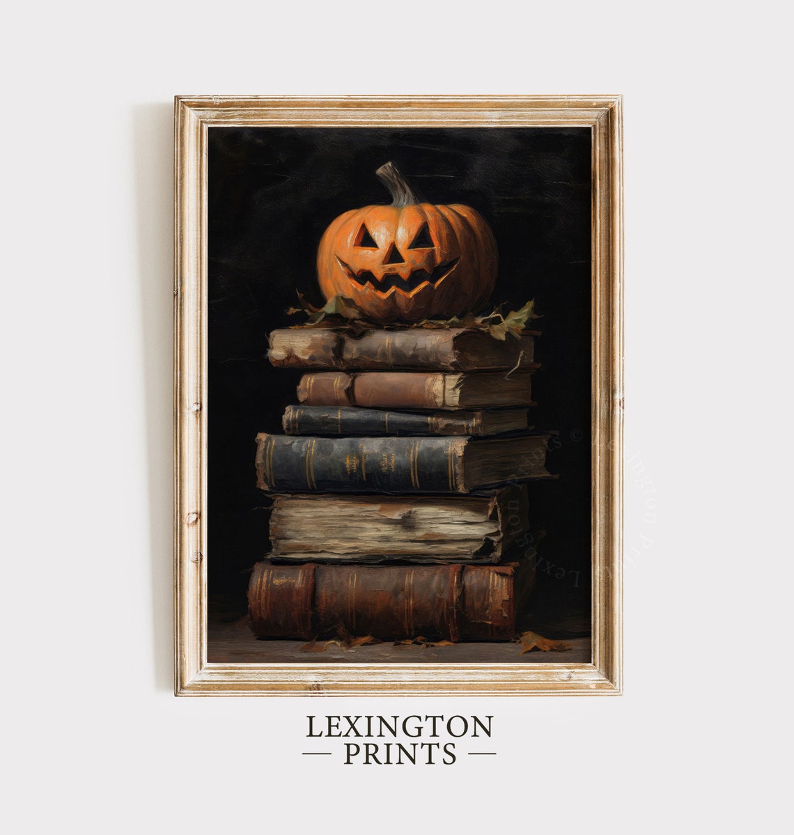 Jack-o-Lantern on Stack of Antique Books Dark Halloween Oil Poster - Image 3