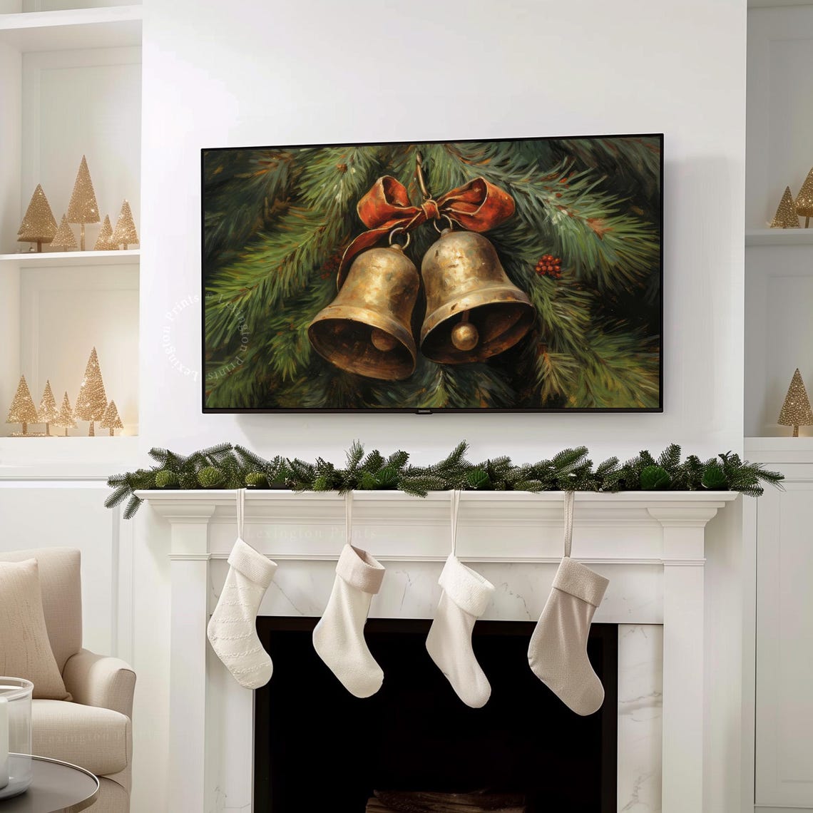 Vintage Brass Christmas Bells with Red Bow on Pine Boughs Poster - Image 7