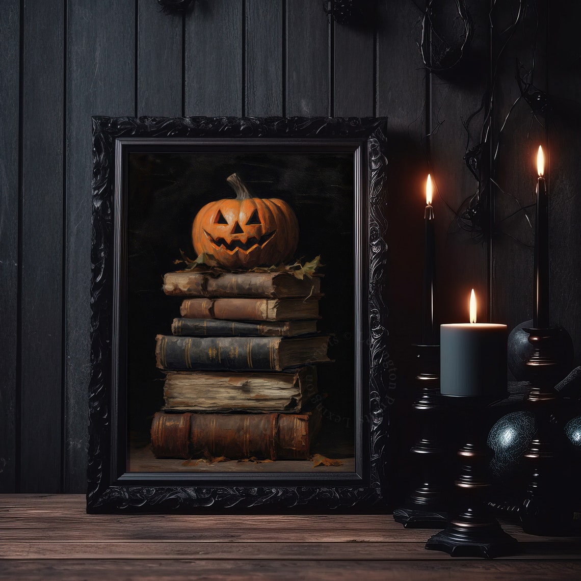 Jack-o-Lantern on Stack of Antique Books Dark Halloween Oil Poster - Image 6