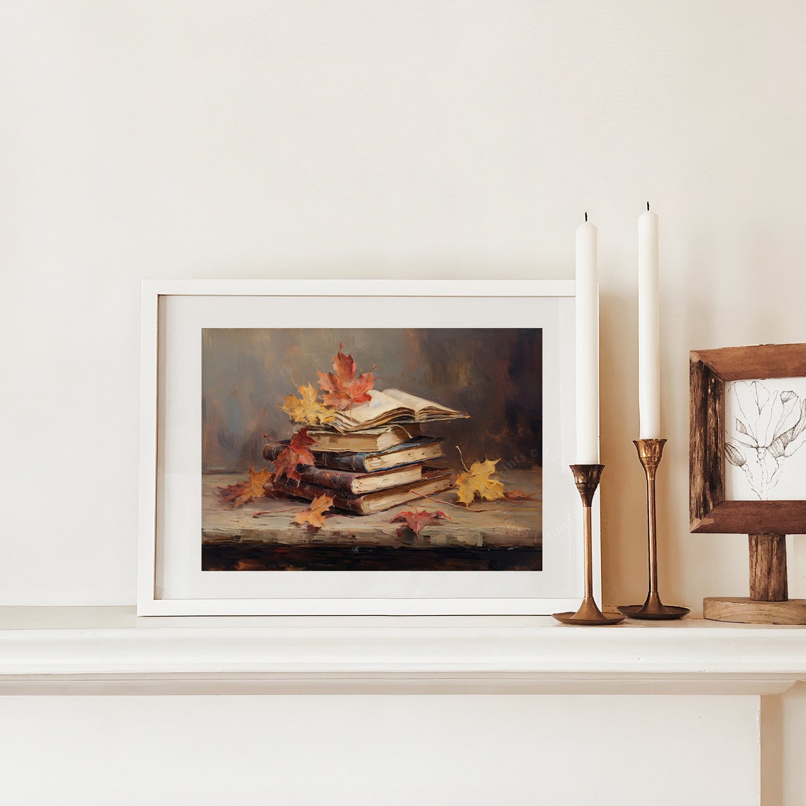 Stack of Books with Autumn Maple Leaves Still Life Fall Reading Poster - Image 3