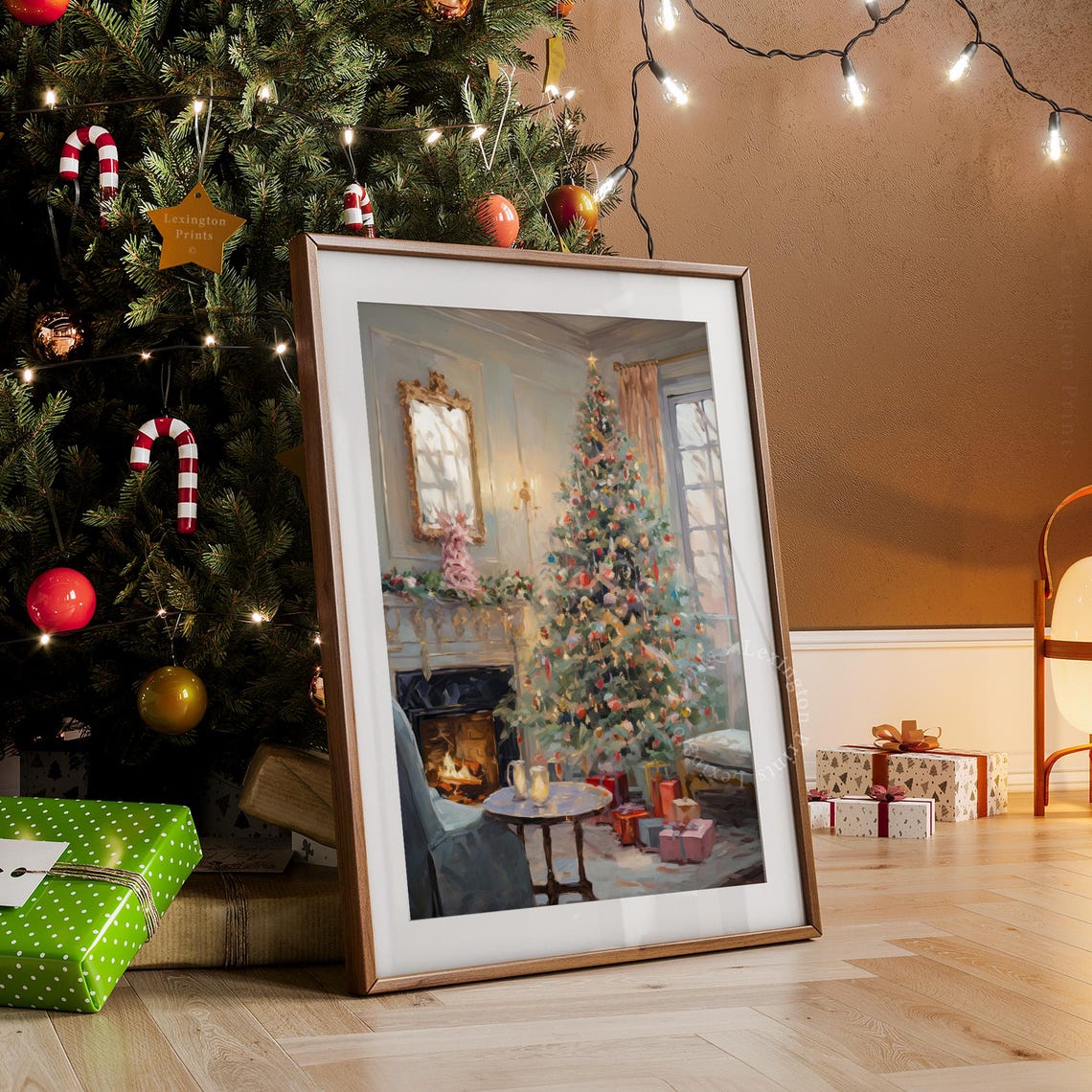 Cozy Christmas Tree by Fireplace with Gifts Holiday Living Room Poster - Image 7