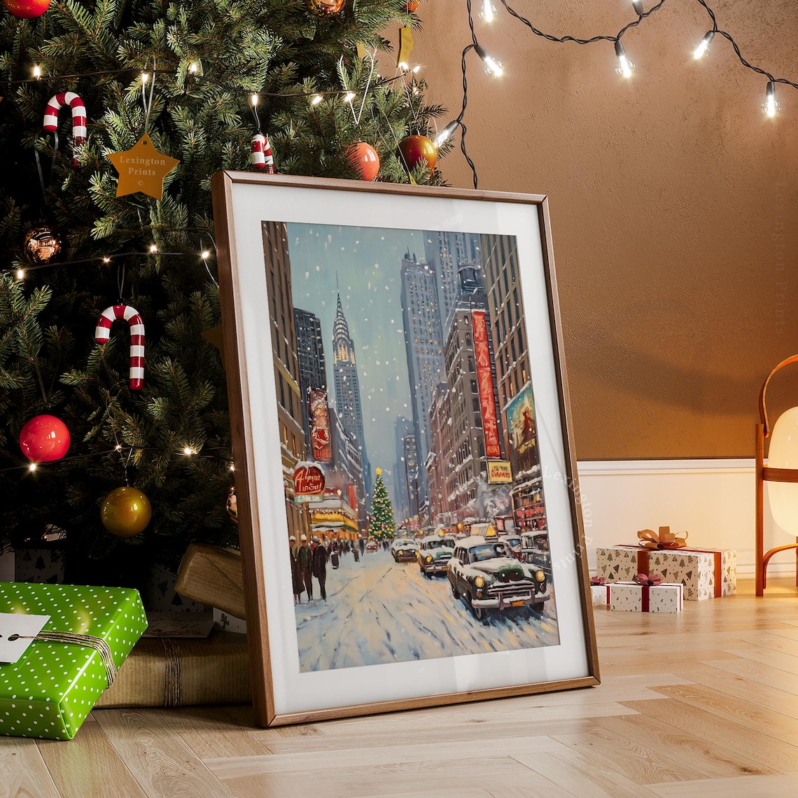 Vintage Snowy New York Street Taxis Christmas City Painting Poster - Image 4