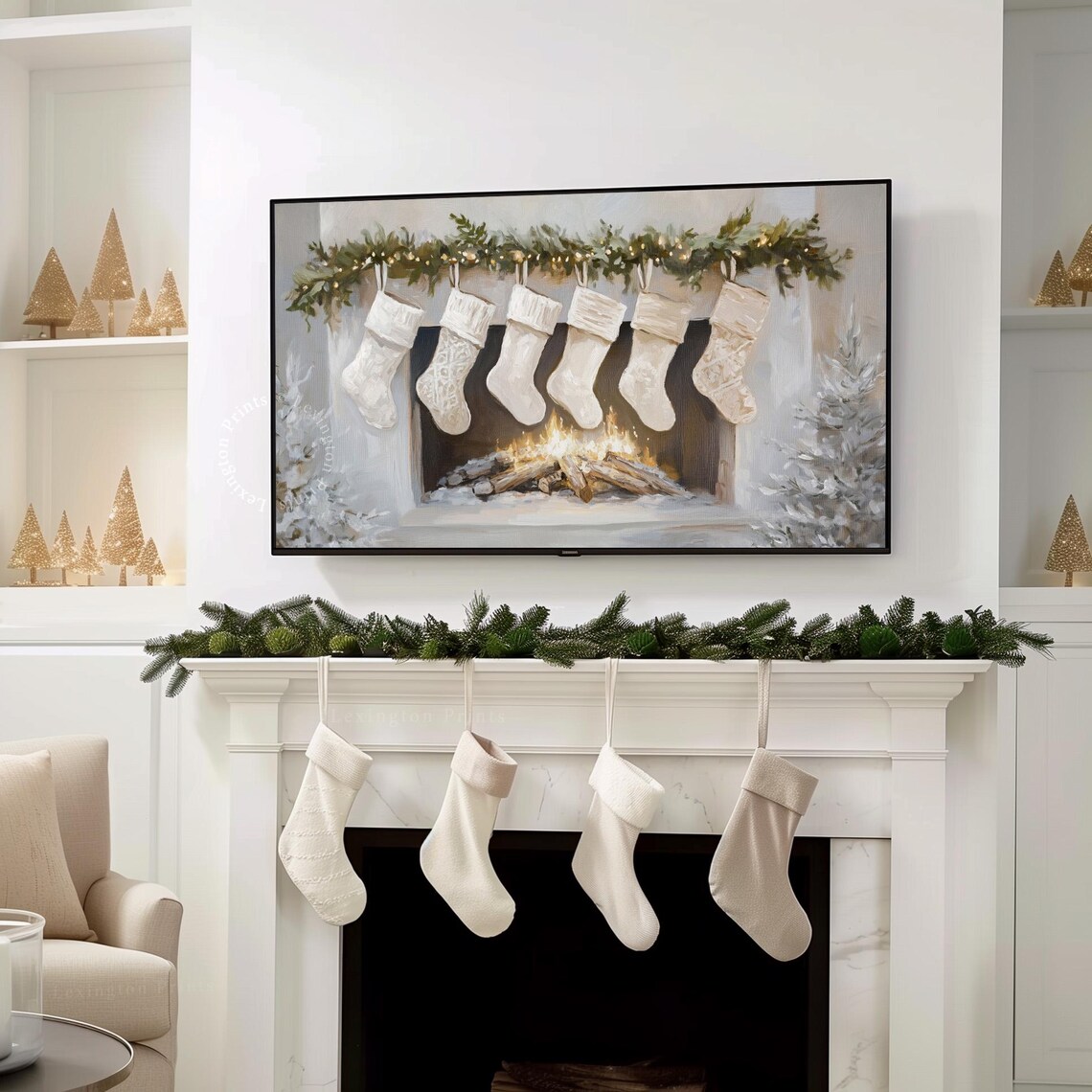 White Christmas Stockings Fireplace Mantel Neutral Holiday TV Poster - Image 7