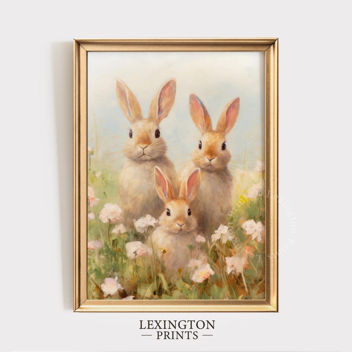 Three Bunnies Close Up Watercolor Spring Rabbit Family Wall Art - Image 6