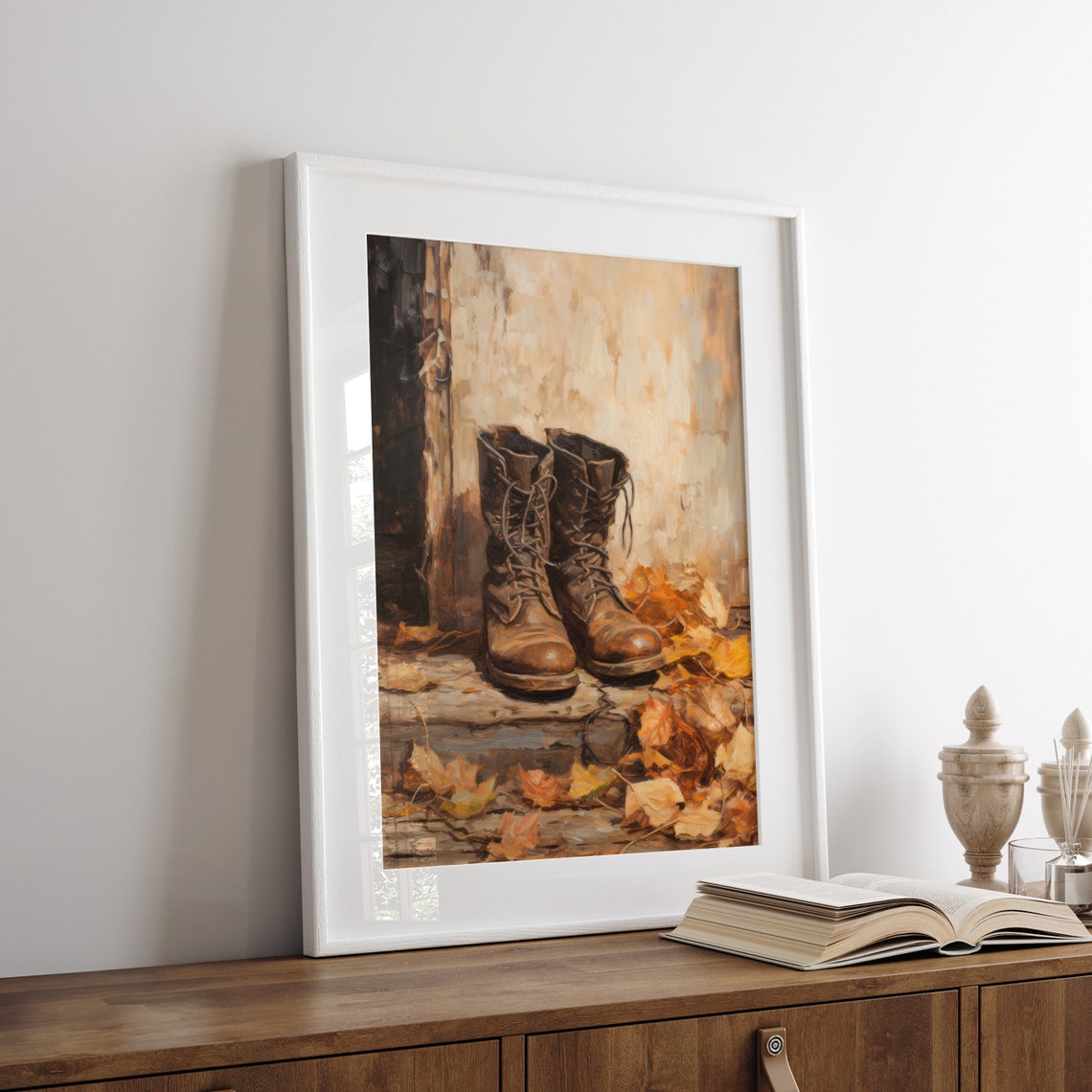Worn Leather Work Boots Doorway Autumn Leaves Rustic Still Life Poster - Image 7