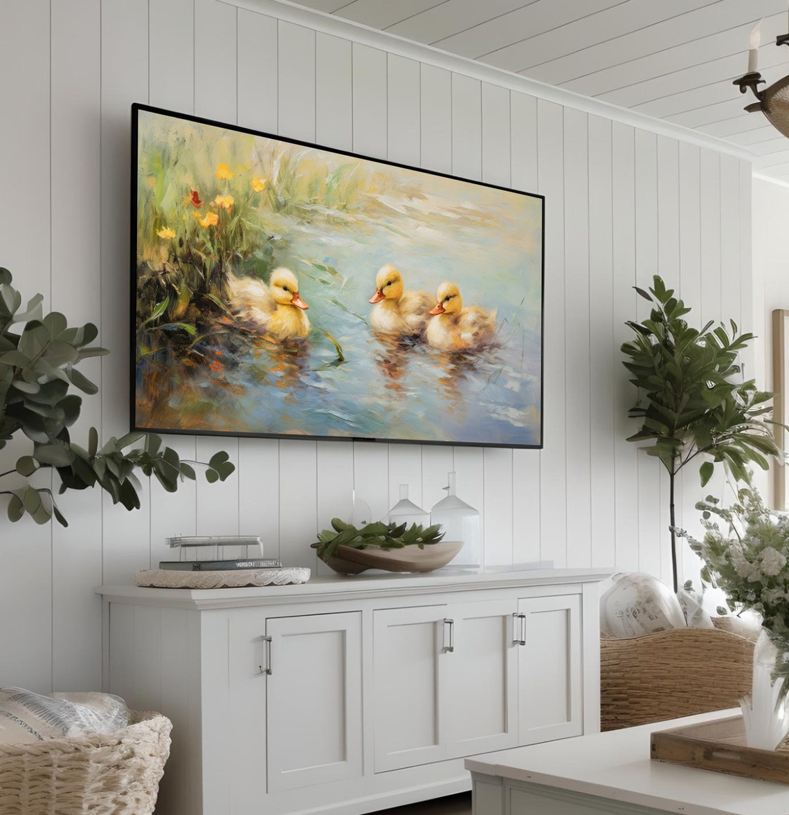 Three Ducklings Swimming in a Sunlit Pond Spring Painting Poster - Image 3