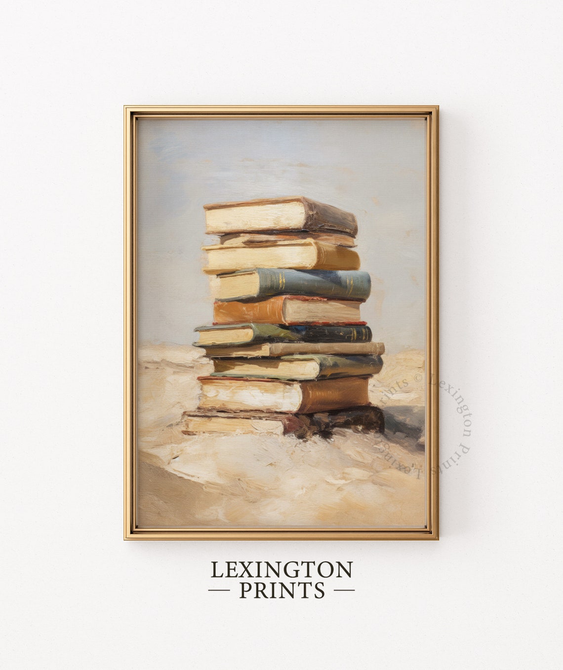 Vintage Stack of Old Books on Beach Sand Book Lover Painting Poster - Image 5