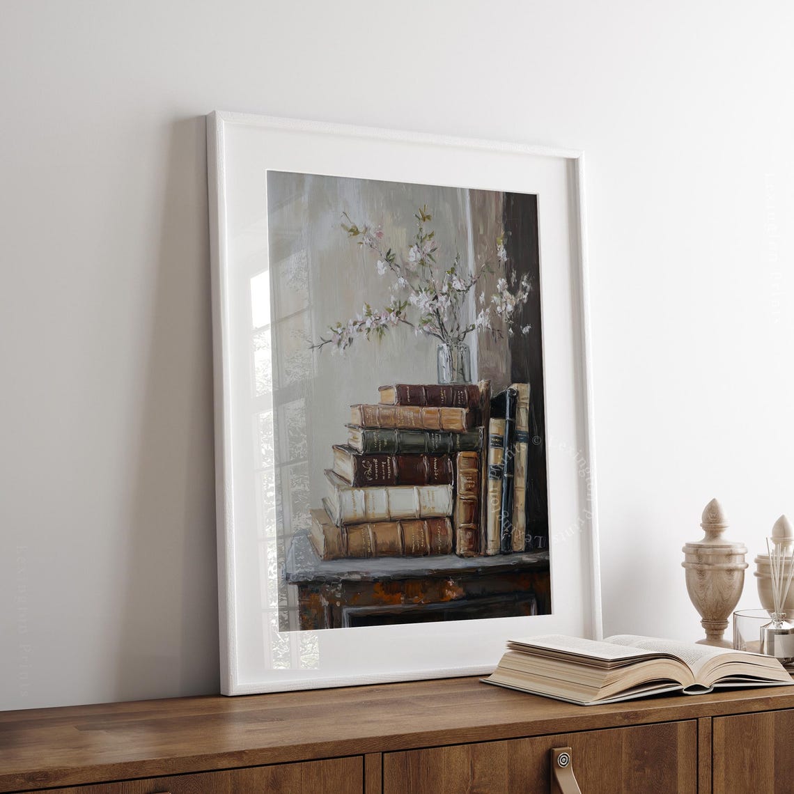 White Blossom Branches on Stack of Antique Books Vintage Art Print - Image 7