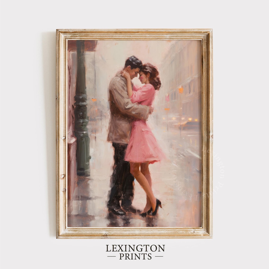 Romantic Couple Embracing in Rainy City Street Love Painting Print - Image 8