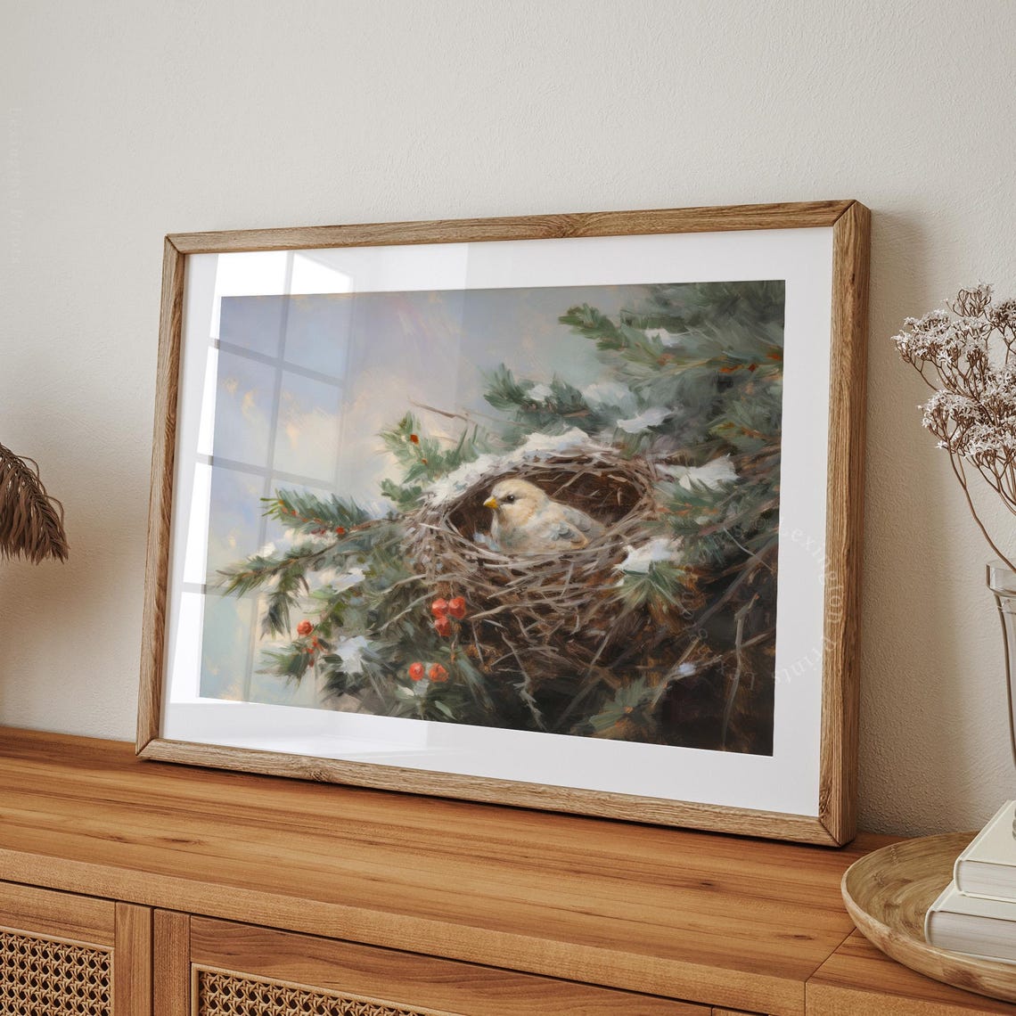 Tiny Cream Bird Resting In Snowy Pine Nest With Red Berries Poster - Image 8