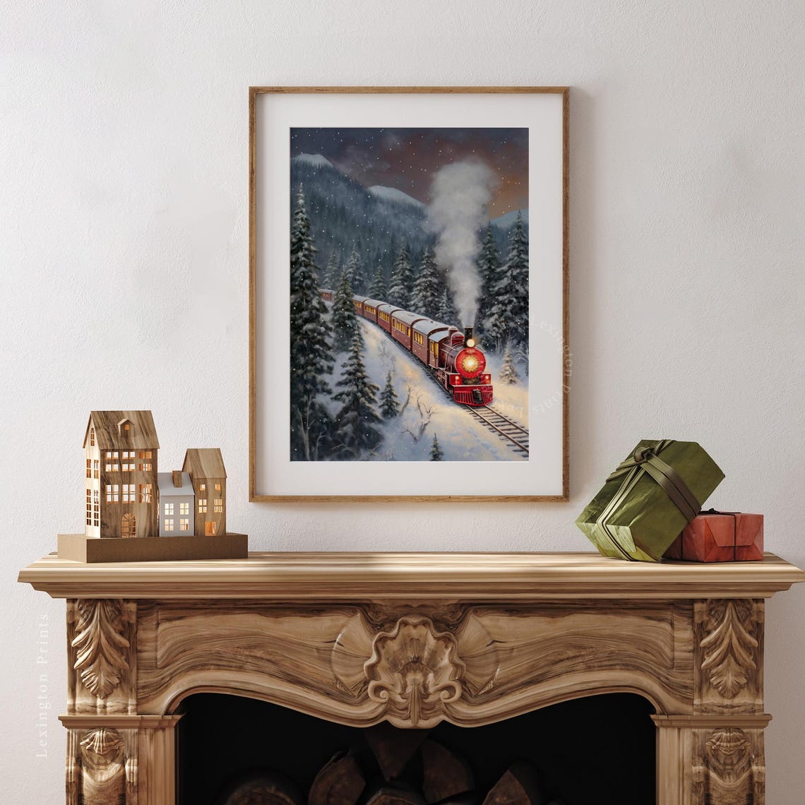 Vintage Red Steam Train Snowy Pine Forest Christmas Night Poster - Image 3