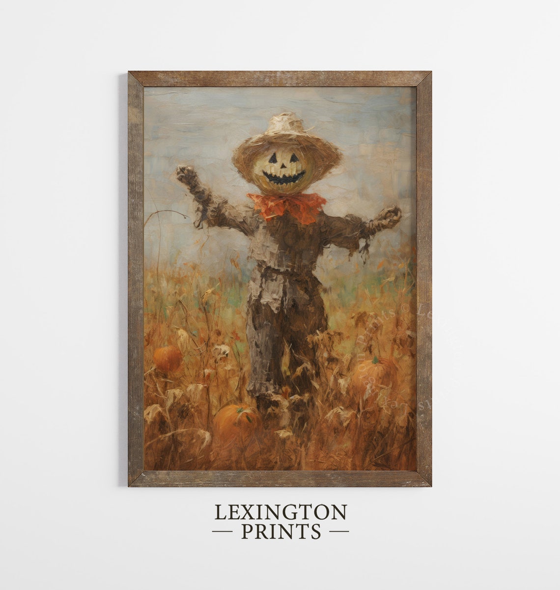 Scarecrow with Jack O Lantern Head in Pumpkin Field Fall Poster - Image 2