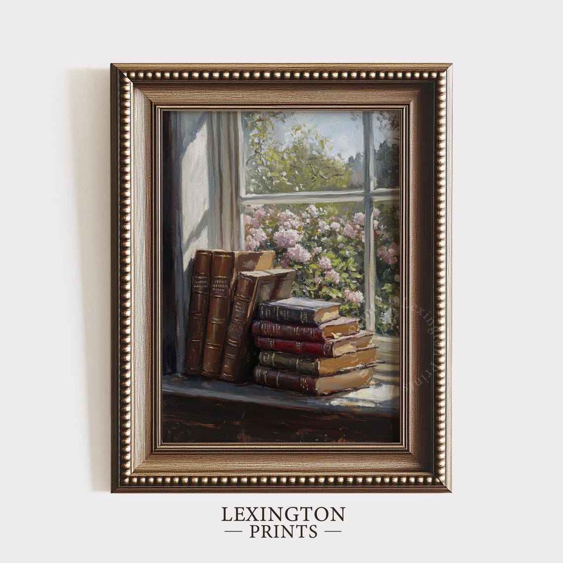 Antique Books on Windowsill Overlooking Rose Garden Still Life Print - Image 6