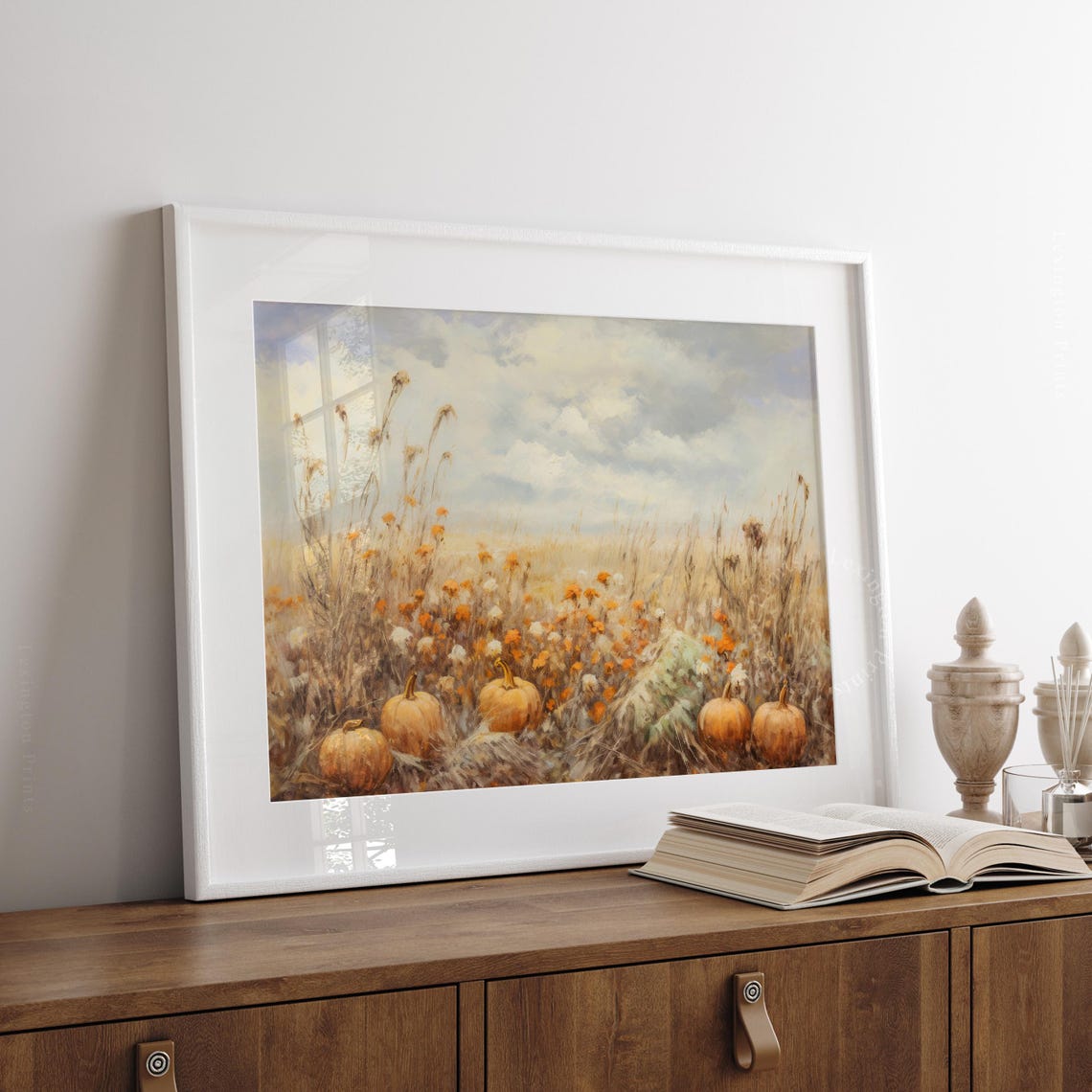 Pumpkin Patch in Autumn Field Under Cloudy Sky Fall Harvest Poster - Image 7