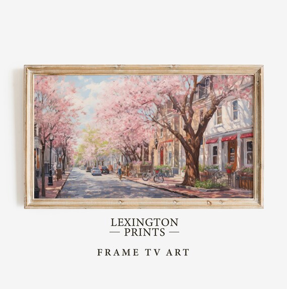 Cherry Blossom Street Spring City Vintage Oil Painting Poster