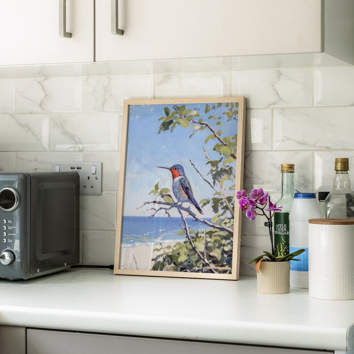 Ruby Throated Hummingbird on Branch Over Ocean Painting Poster - Image 8